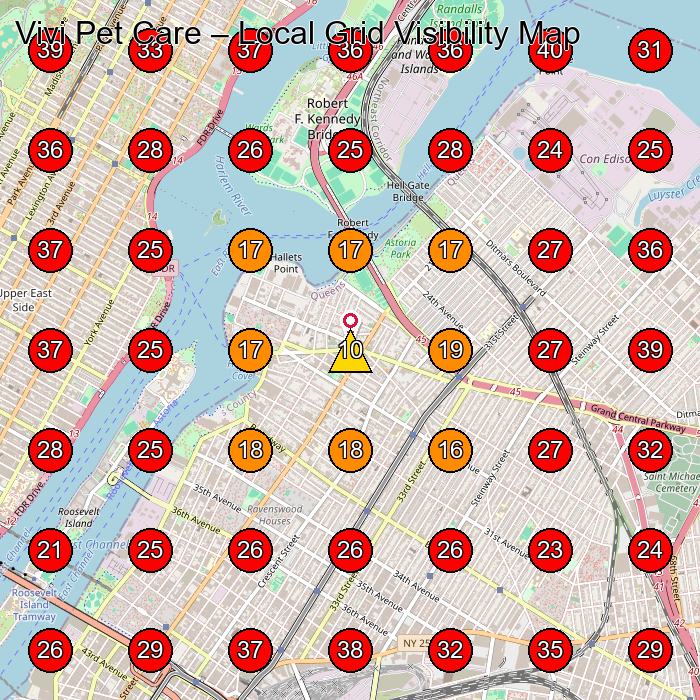 Vivi Pet Care GeoGrid visibility map for Coffee Shops in Queens